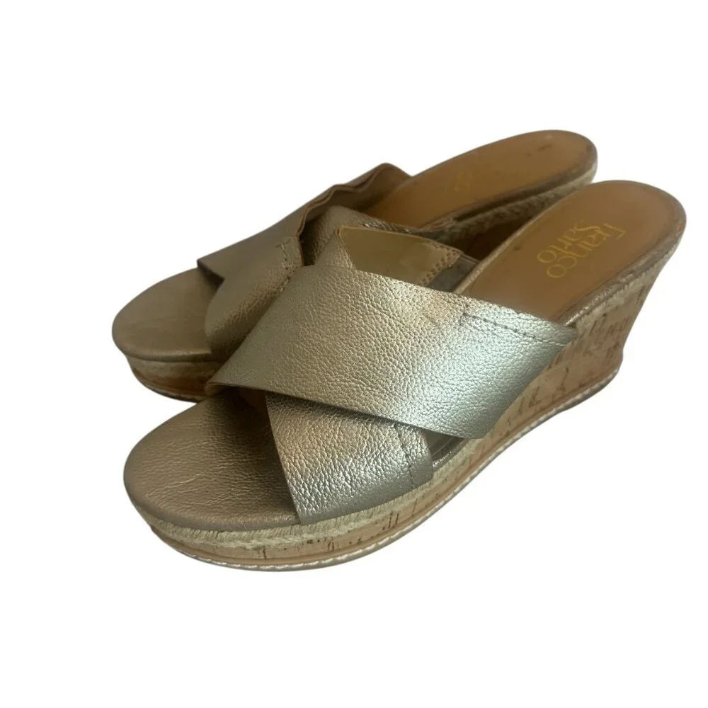 Franco Sarto Gold Slip-On Slide Wedge Sandals Metallic Comfort Size 9.5 Women's